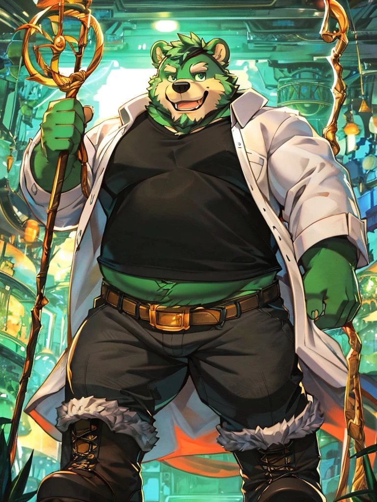 anthro, kemono, male, solo, ((round face, very plump face, thick beard)), (((dark beard))), ((endomorph body type, old-aged, mature)), ((green bear, bear) fluffy fur, fluffy), (high quality, highres, masterpiece), (dynamic lighting, vivid color), (generous smile), (face focus), front view (close up), cartoon, (((green bear))), (((green fur))), green hair, beard, white eyebrows, bald, red eyes, tall, (((hold metal staff, black t-shirt inside, white long coat unhood, gray trousers, boots))) by zixiong, by takemoto arashi, by zixiong, (by null-ghost:0.8), (by t.y.stars:0.4),