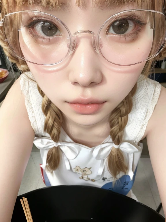 arafed girl with glasses and a pair of chopsticks in front of a bowl of noodles, Belle Delphine, Chiho, ulzzang, pigtail, shikamimi, with glasses, clear cute face, by Ayami Kojima, kemonomimi, Yoshitomo Nara, sakimichan, !!wearing glasses!!