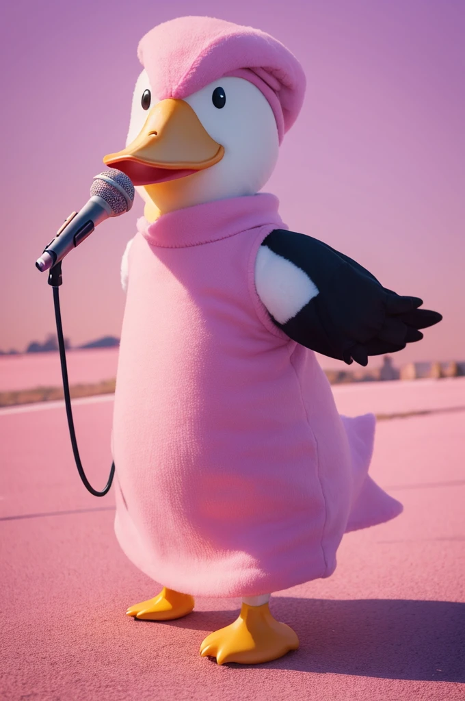 Or dress duck animal, holding a microphone, in front of a pink landscape