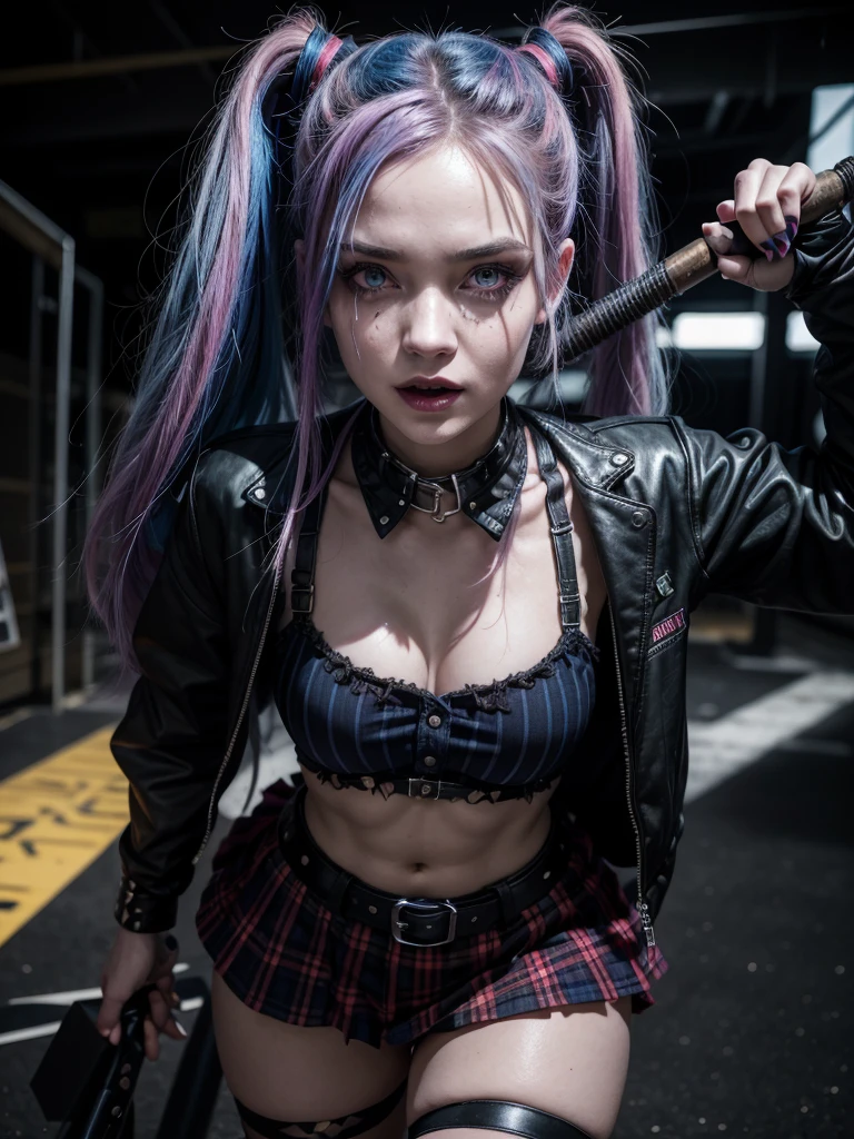 Wednesday Addams, transformed, sports a vibrant and chaotic look with long, frayed blue and pink hair. Her pale face now has dark, smudged makeup, accentuating her insane look. Wearing a torn dress with punk and goth elements, ammunition belts and eccentric accessories, she carries unlikely weapons and a giant hammer. Her behavior is a mix of morbid sarcasm and chaotic energy, alternating between maniacal laughter and dark comments. She moves with acrobatic agility, a fascinating and terrifying presence, ready to wreak havoc with a twisted smile on her lips.