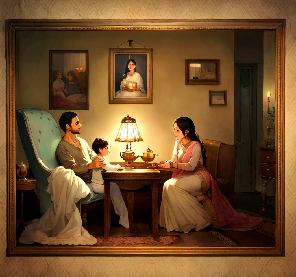 The soft glow of an oil lamp casting a gentle light on the photograph, highlighting the happiness and bond between Rahul and his mother. The room feels cozy and filled with memories, capturing the essence of their close relationship.