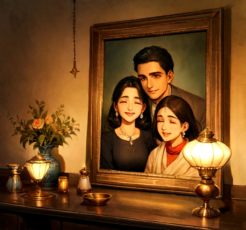 The soft glow of an oil lamp casting a gentle light on the photograph, highlighting the happiness and bond between Rahul and his mother. The room feels cozy and filled with memories, capturing the essence of their close relationship.