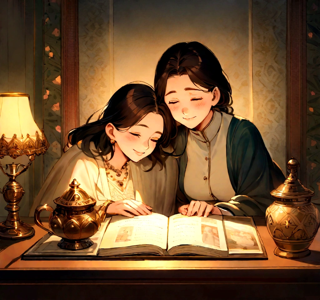 The soft glow of an oil lamp casting a gentle light on the photograph, highlighting the happiness and bond between Rahul and his mother. The room feels cozy and filled with memories, capturing the essence of their close relationship.