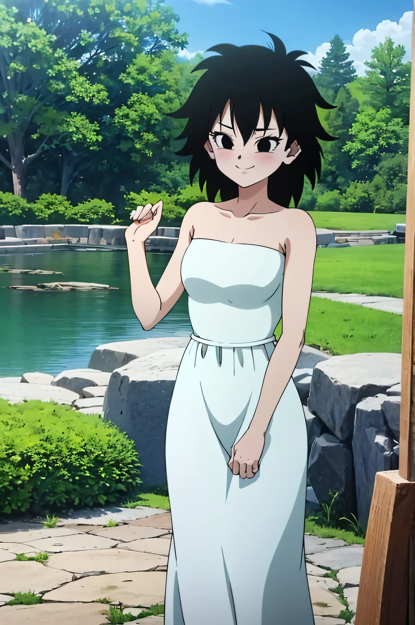 anime screencap, masterpiece, best quality, highres, outdoors, small breasts, gine, spiky black hair, 1 girl, Solo, Black Eyes, Good hands are down, Smile, Blushing, Bare Neck, Bare Shoulders, strapless, White Ruffle Off-the-Shoulder maxi dress. Cowboy shot. looking at viewers, garden, a lake, a gazebo, blue skies, standing up straight
