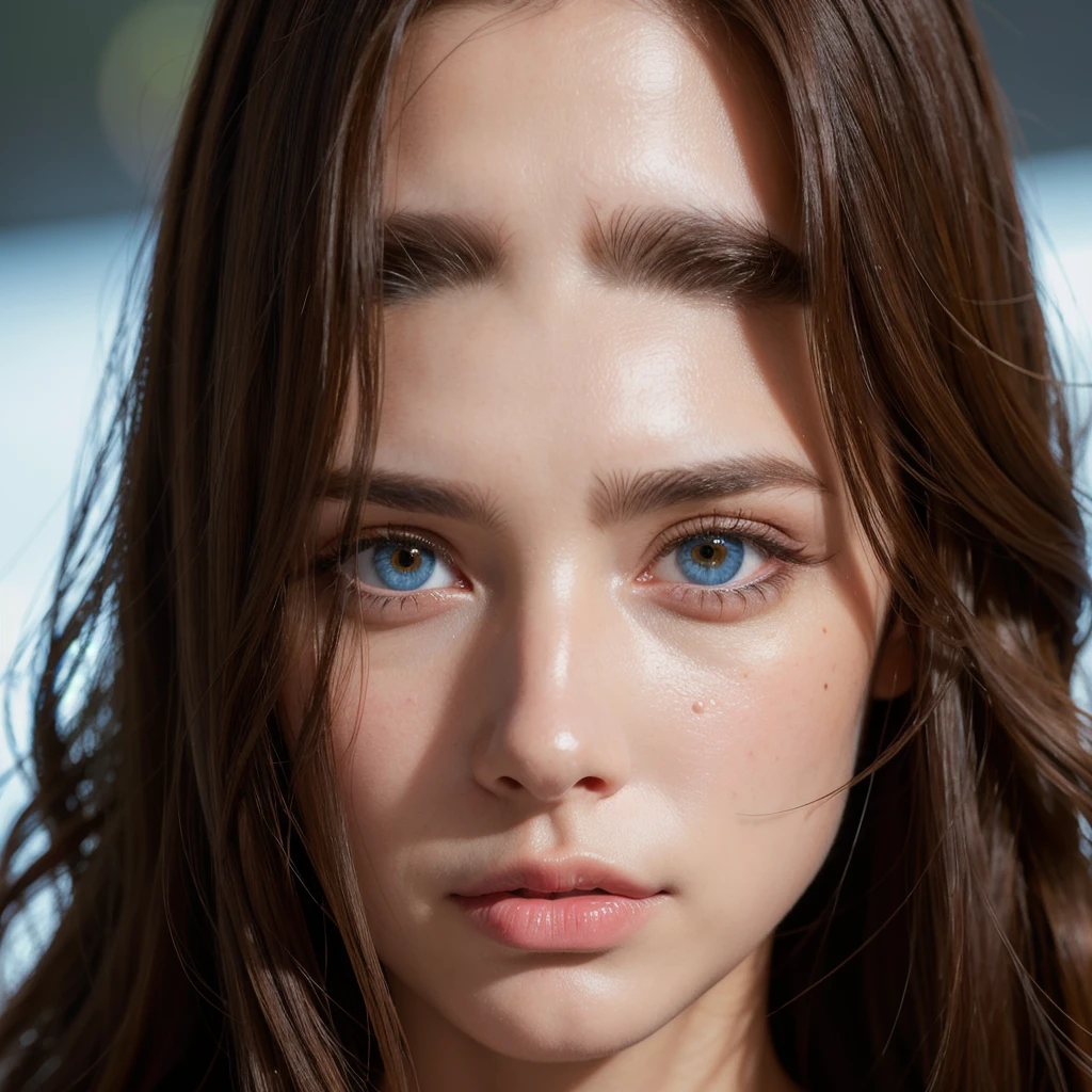a beautiful brunette woman with heterochromia eyes, one blue eye and one brown eye, long wavy hair, mole under right eye, elegant portrait, realistic, cinematic lighting, dramatic, fantasy, dreamlike, striking beauty, flawless skin, high-quality, masterpiece, 8k, hyper-detailed, photorealistic