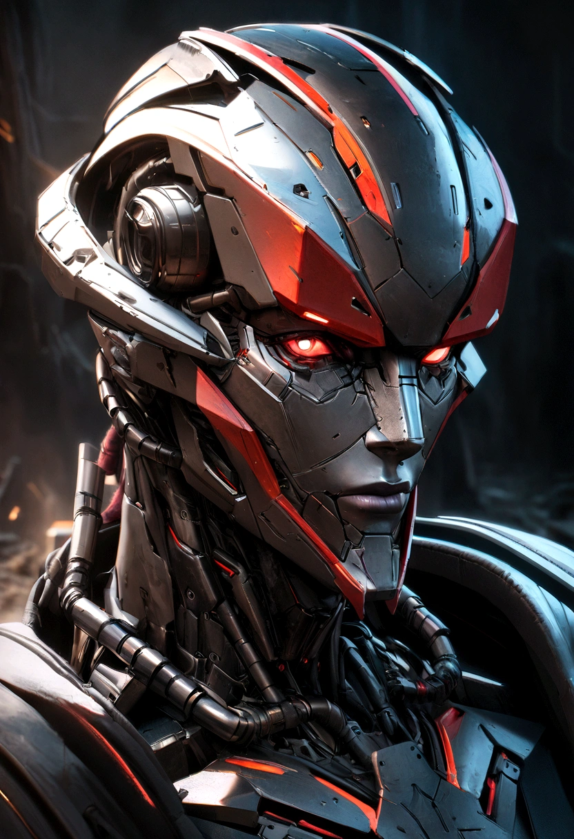 Sharpened man in black and red metallic armor with hood, detailed portrait of a cyborg, close-up portrait of cyborg, portrait of a futuristic robot, male cyborg military commander, attractive science fiction face, masculine appearance, portrait of cyborg, Futuristic Setting, portrait of a cyborg, cyborg portrait, portrait of a cyborg cyberpunk, male cyborg, in metallic black futuristic armor, olpntng style, Portrait of the gynoid robot Samus in Wasteland, perfect composition, beautiful detailed intricate insanely detailed octane render Tendências no ArtStation, 8k art photography, photorrealistic concept art, soft natural volumetric cinematic perfect light, Bright dark, rewarded photography, work of art, oil on canvas, perfect composition, beautiful detailed intricate insanely detailed octane render Tendências no ArtStation, 8k art photography, photorrealistic concept art, futuristic setting, soft natural volumetric cinematic perfect light, darkness background