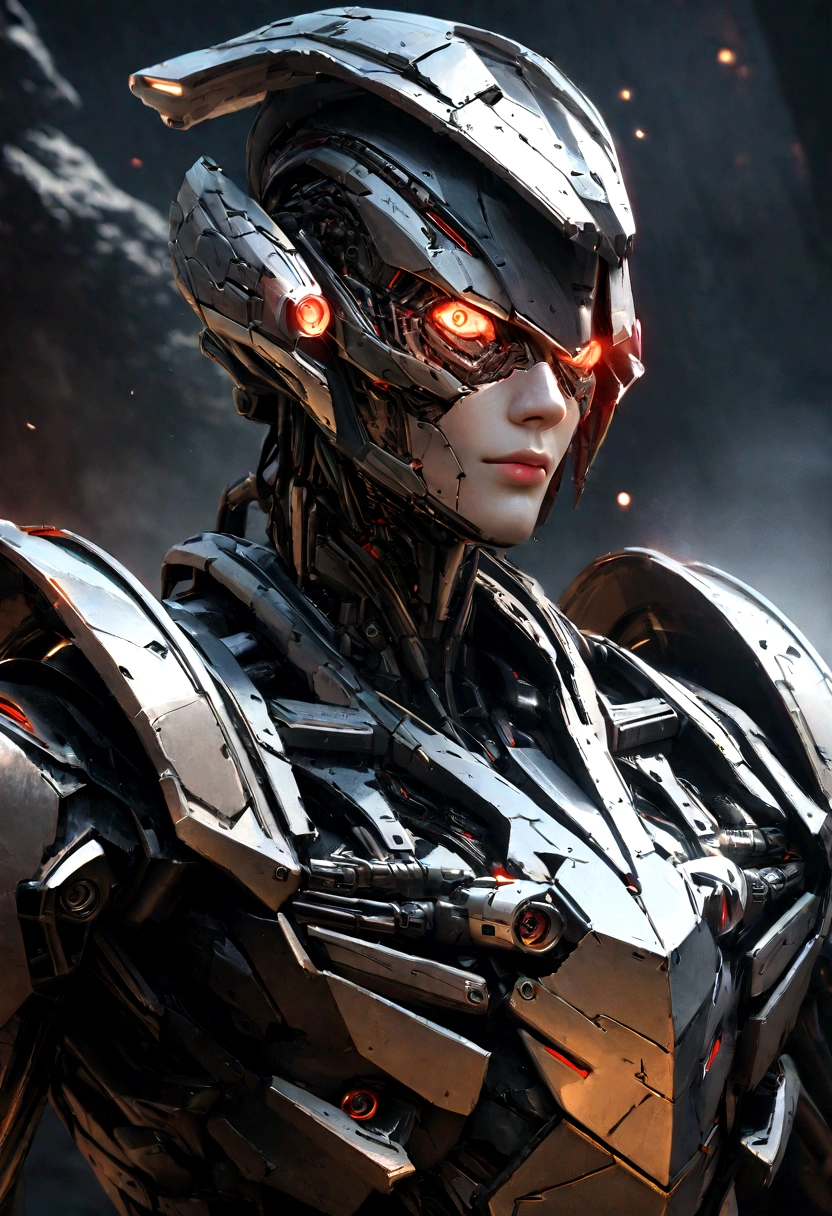 Sharpened man in black and red metallic armor with hood, detailed portrait of a cyborg, close-up portrait of cyborg, portrait of a futuristic robot, male cyborg military commander, attractive science fiction face, masculine appearance, portrait of cyborg, Futuristic Setting, portrait of a cyborg, cyborg portrait, portrait of a cyborg cyberpunk, male cyborg, in metallic black futuristic armor, olpntng style, Portrait of the gynoid robot Samus in Wasteland, perfect composition, beautiful detailed intricate insanely detailed octane render Tendências no ArtStation, 8k art photography, photorrealistic concept art, soft natural volumetric cinematic perfect light, Bright dark, rewarded photography, work of art, oil on canvas, perfect composition, beautiful detailed intricate insanely detailed octane render Tendências no ArtStation, 8k art photography, photorrealistic concept art, futuristic setting, soft natural volumetric cinematic perfect light, darkness background