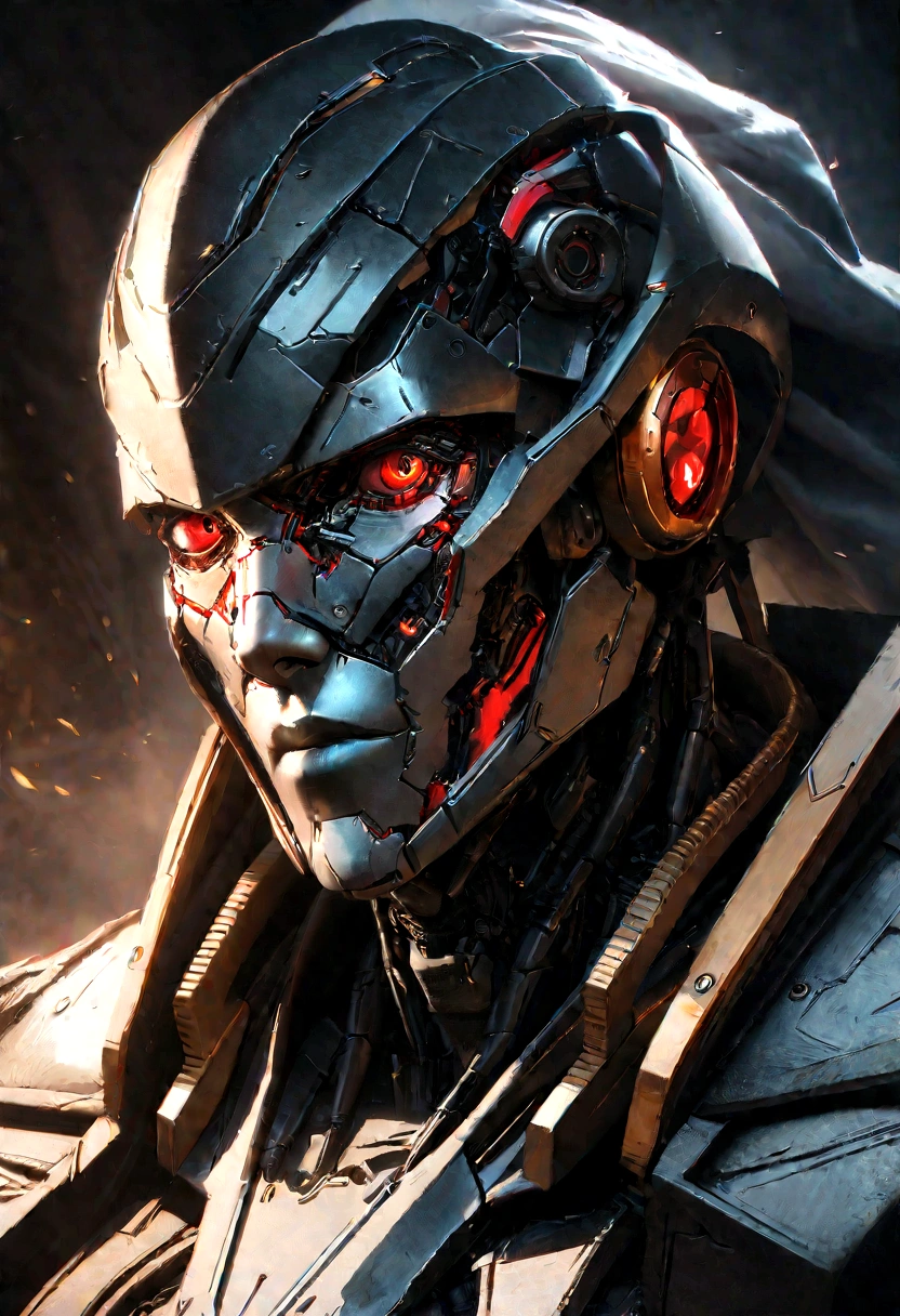 Sharpened man in black and red metallic armor with hood, detailed portrait of a cyborg, close-up portrait of cyborg, portrait of a futuristic robot, male cyborg military commander, attractive science fiction face, masculine appearance, portrait of cyborg, Futuristic Setting, portrait of a cyborg, cyborg portrait, portrait of a cyborg cyberpunk, male cyborg, in metallic black futuristic armor, olpntng style, Portrait of the gynoid robot Samus in Wasteland, perfect composition, beautiful detailed intricate insanely detailed octane render Tendências no ArtStation, 8k art photography, photorrealistic concept art, soft natural volumetric cinematic perfect light, Bright dark, rewarded photography, work of art, oil on canvas, perfect composition, beautiful detailed intricate insanely detailed octane render Tendências no ArtStation, 8k art photography, photorrealistic concept art, futuristic setting, soft natural volumetric cinematic perfect light, darkness background