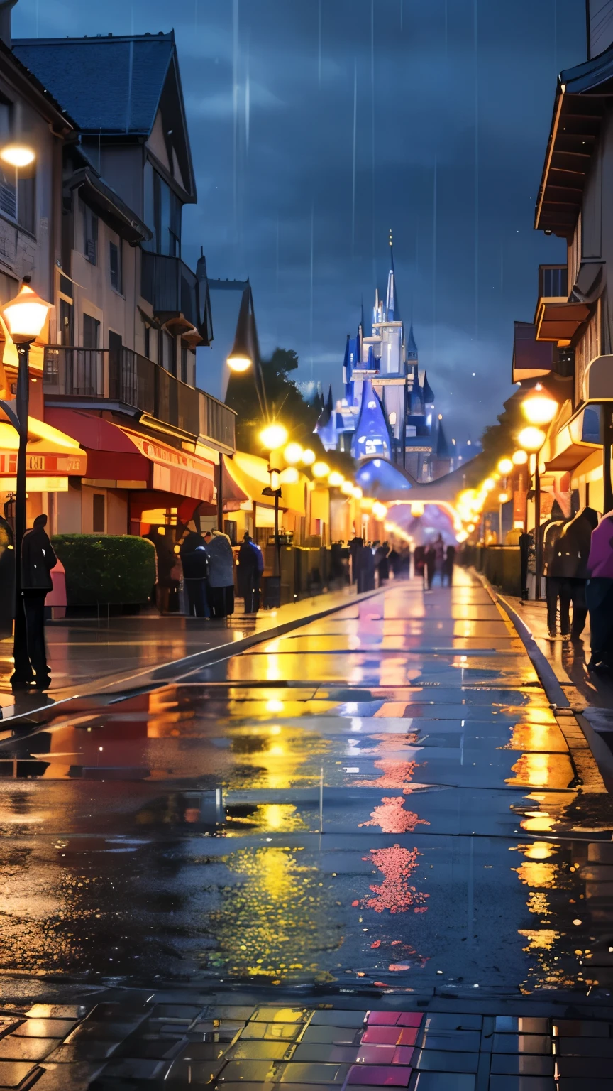 Highest quality, Super quality, 16K, Incredibly absurd, Very detailed, 2.5D, delicate and dynamic, Movie Scenes, Opera, official, Theme park, Disneyland, Disney Characters, night, rain, The road surface is wet, Colorful light reflected in a puddle, rainの中でダンス, parade
