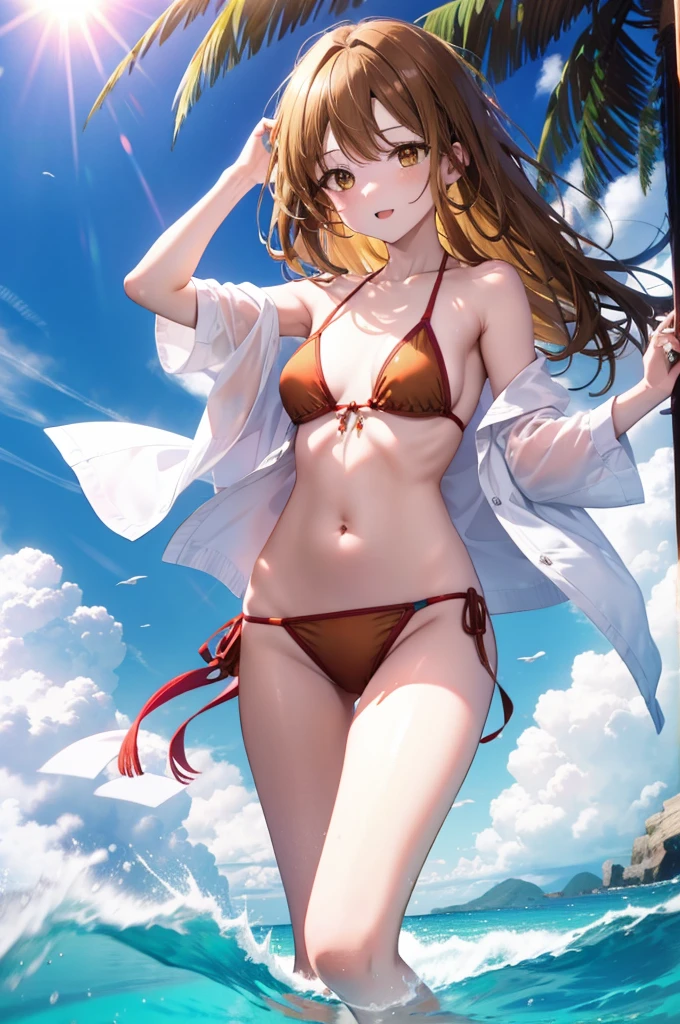 a sun ayuuki, a sun a yuuki, Long Hair, Brown Hair, (Brown eyes:1.8), Medium Chest,Open your mouth,smile,Red Bikini Swimsuit,barefoot,Playing in the sea with both hands in the water,slouch,Daytime,Clear skies,Palm tree,True Summer,whole bodyがイラスト入るように,
break outdoors,Beach,
break looking at viewer,whole body,
break (masterpiece:1.2), Highest quality, High resolution, unity 8k wallpaper, (shape:0.8), (Fine and beautiful eyes:1.6), Highly detailed face, Perfect lighting, Highly detailed CG, (Perfect hands, Perfect Anatomy),