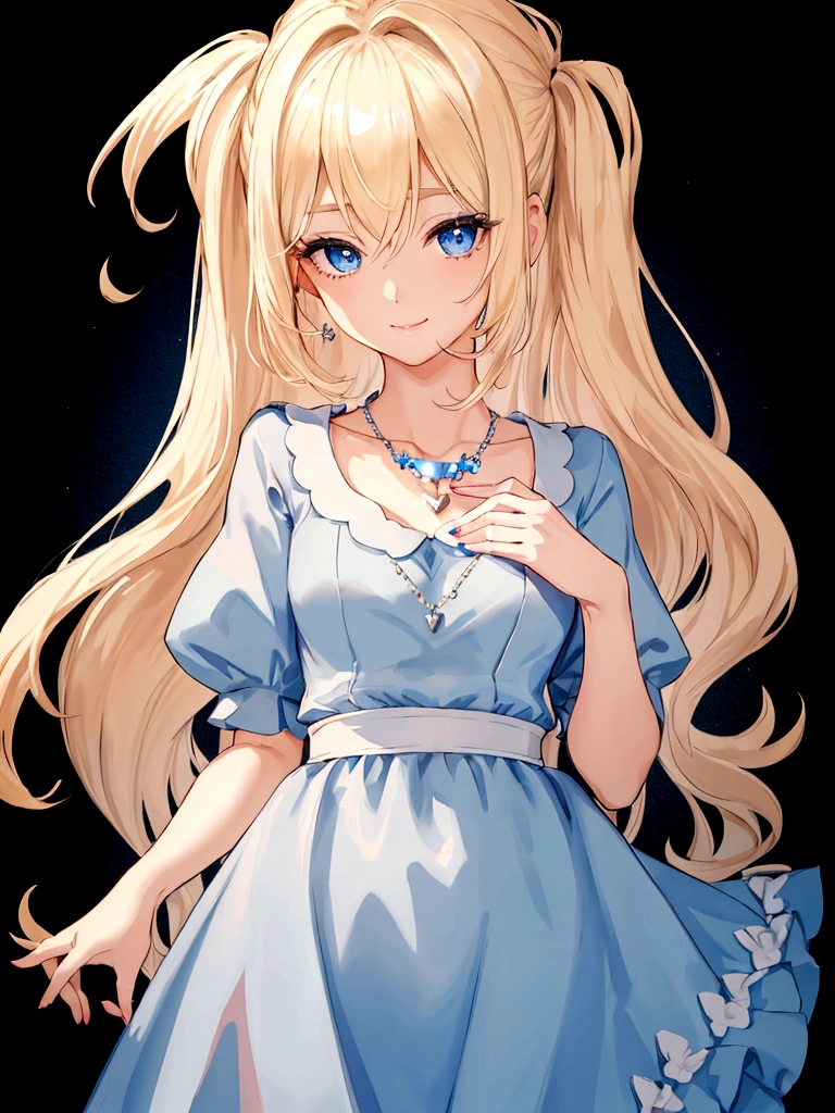 a young woman with blonde hair and bright blue eyes. She's wearing a blue dress with a white collar and a simple silver necklace. She stands in front of a black background with a neutral expression and a hint of a smile.Her hair is styled straight and falls down her shoulders. She has thin blonde eyebrows and long eyelashes. Her lips are naturally pink. Her dress has a long skirt and short sleeves. Her necklace has a small heart-shaped pendant.