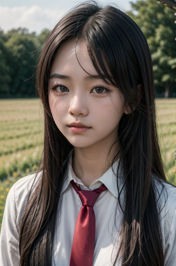 there is a woman with a red tie standing in a field, soft 8K portrait photo, a young Asian woman, shot on canon eos r5, shot on canon eos r5, taken with canon eos 5 d mark iv, 8K portrait photo, tirada com canon 5d mk4, taken with sony alpha 9, portrait of a japanese teenager