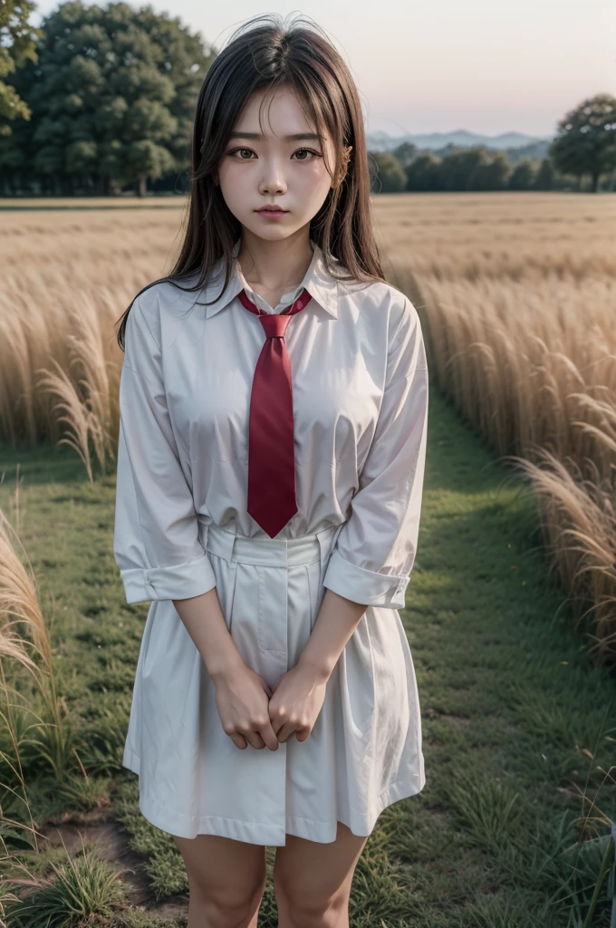 there is a woman with a red tie standing in a field, soft 8K portrait photo, a young Asian woman, shot on canon eos r5, shot on canon eos r5, taken with canon eos 5 d mark iv, 8K portrait photo, tirada com canon 5d mk4, taken with sony alpha 9, portrait of a japanese teenager