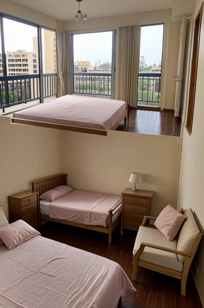 A large room expands, cln balcony, furniture, a princess bed