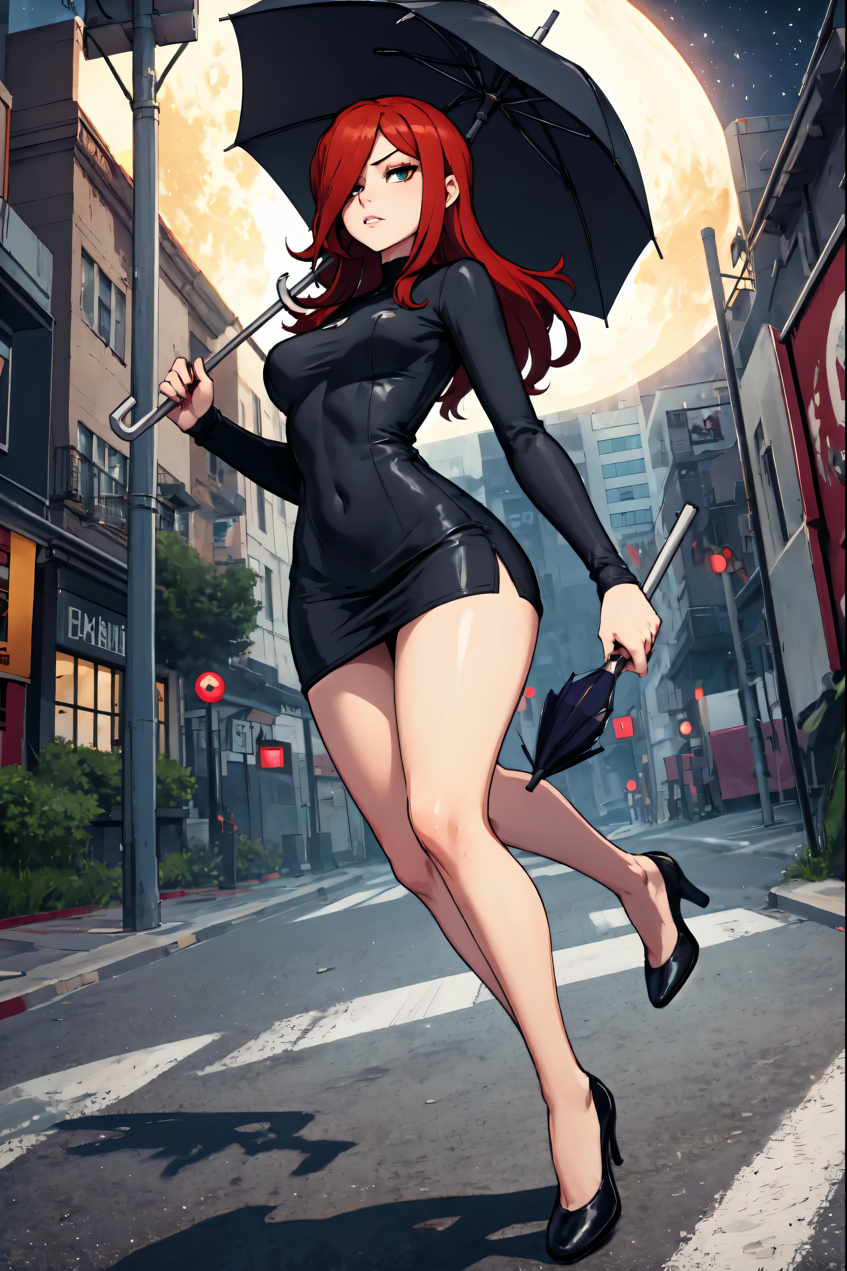 parasoul, 1girl, solo, long red hair, black clothes, holding umbrella, 1 long umbrella, in combat, movement, short dress, focus on face, striking a shadow with the umbrella, city at night, combat pose, movement, dynamic camera