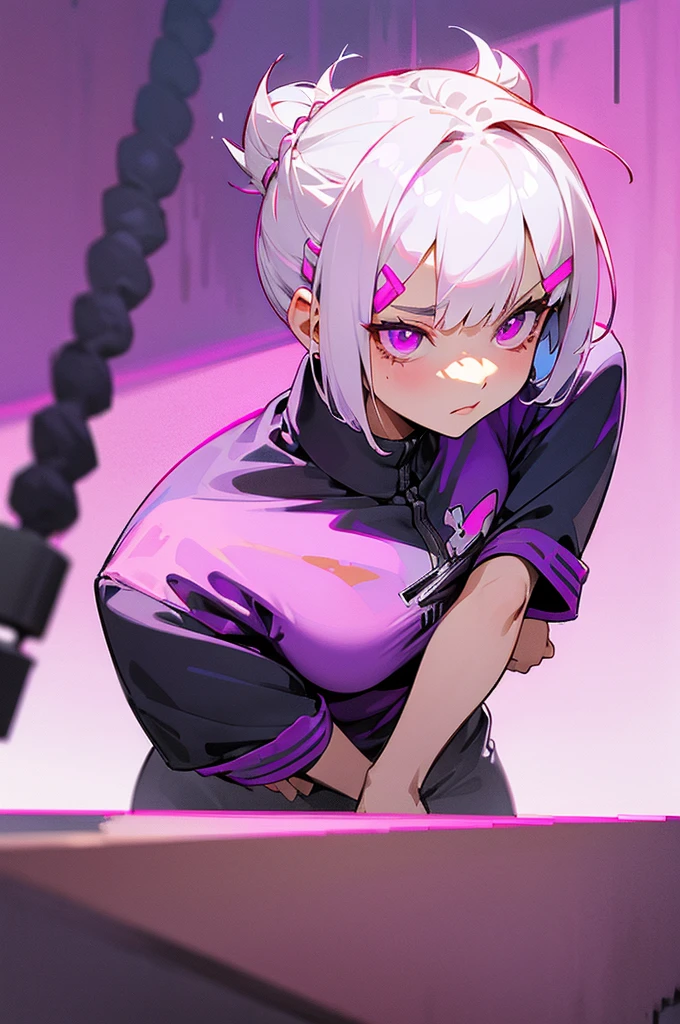 (1 cute girl)、Short hair with silver bob styled in a bun with hair clip, Pink eyes, de pele branca, Calm shirt ((Nero)), scenecy ((Purple Room)), tennis (rot), extremley (Blissful), Pixel art, pixels