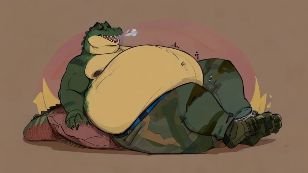 Crocodile, fat neck, small face, big belly, abnormally obese, body is swollen like a mountain, bulging belly, reclining on his back, panting