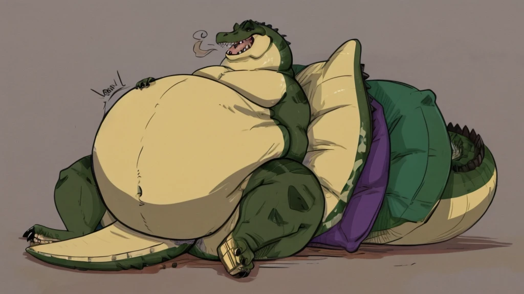 Crocodile, fat neck, small face, big belly, abnormally obese, body is swollen like a mountain, bulging belly, reclining on his back, panting