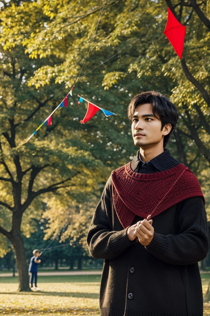 ((Best Quality)), ((Masterpiece)), (detailed), 1 traditional black family, in a park, the son with red sweater and flying kite in the background 