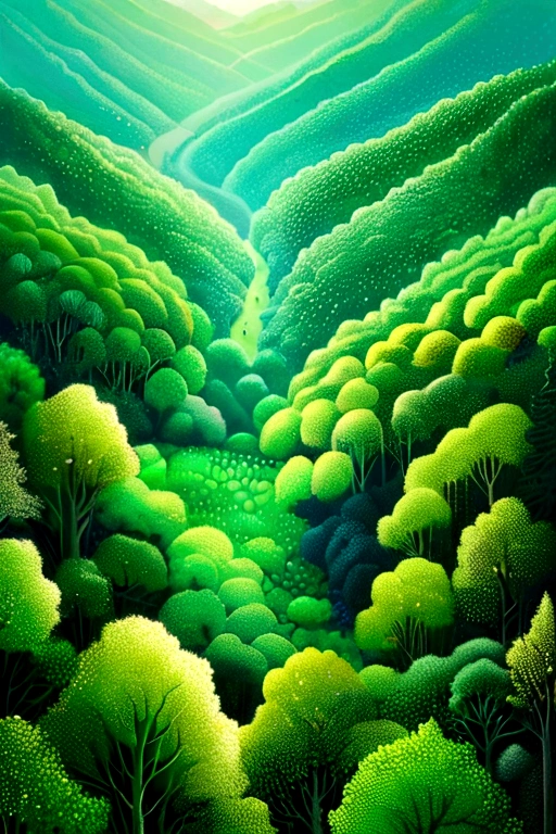 Top view。Green Forest。Pointillism method，Emphasize the sense of space。Artistic beauty。
