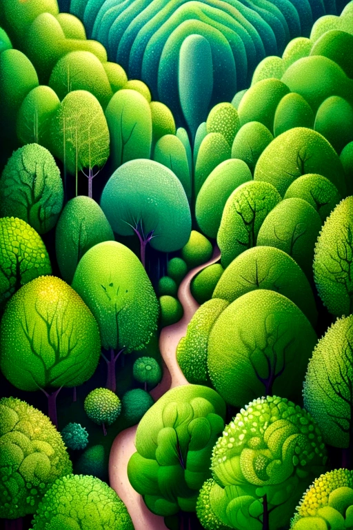 Top view。Green Forest。Pointillism method,Emphasize the sense of space。Artistic beauty。