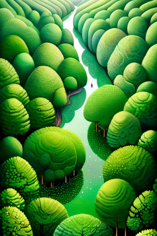 Top view。Green Forest。Pointillism method，Emphasize the sense of space。Artistic beauty。