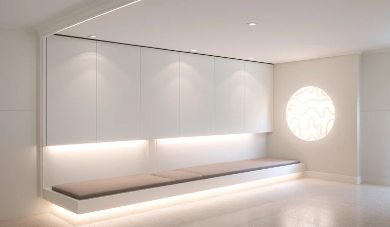 pedicure nail furniture, white ceiling, book bag shelves on the wall, decorative recessed lights, nail chair, pedicure nail platform