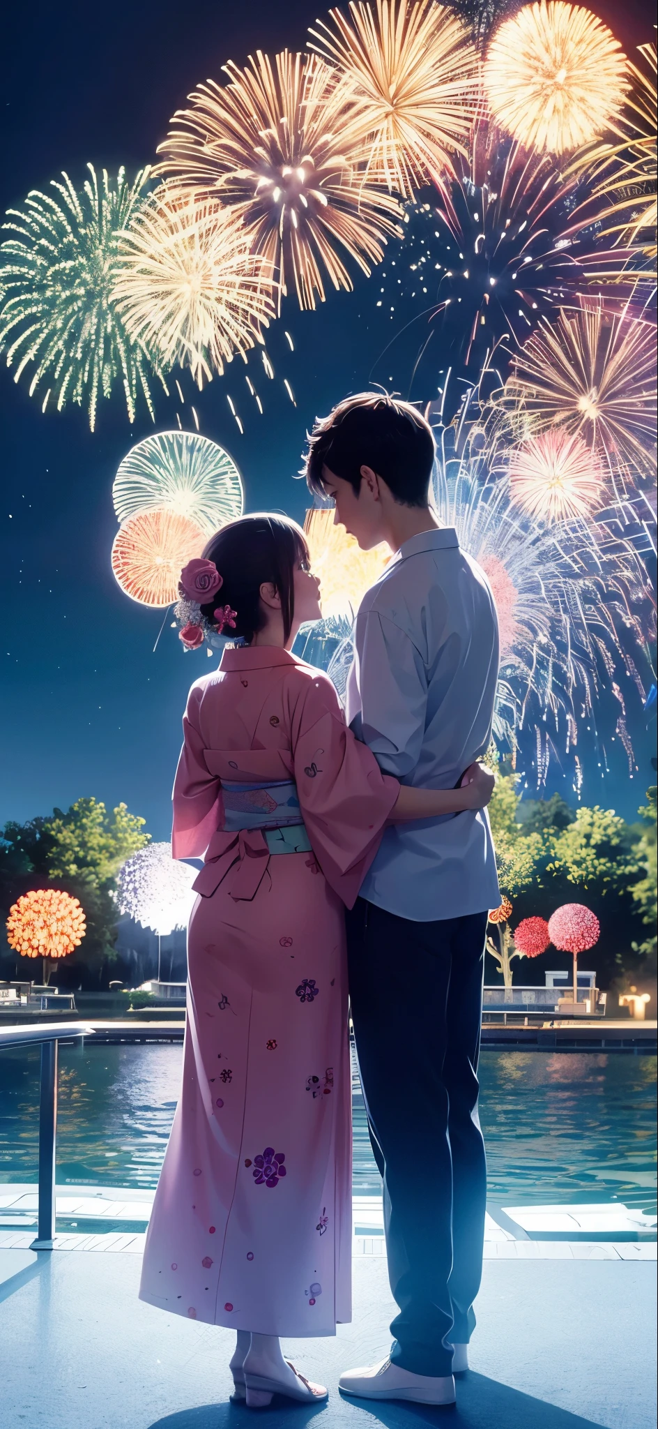 An impressive fireworks display with a couple in yukata standing with their backs to each other