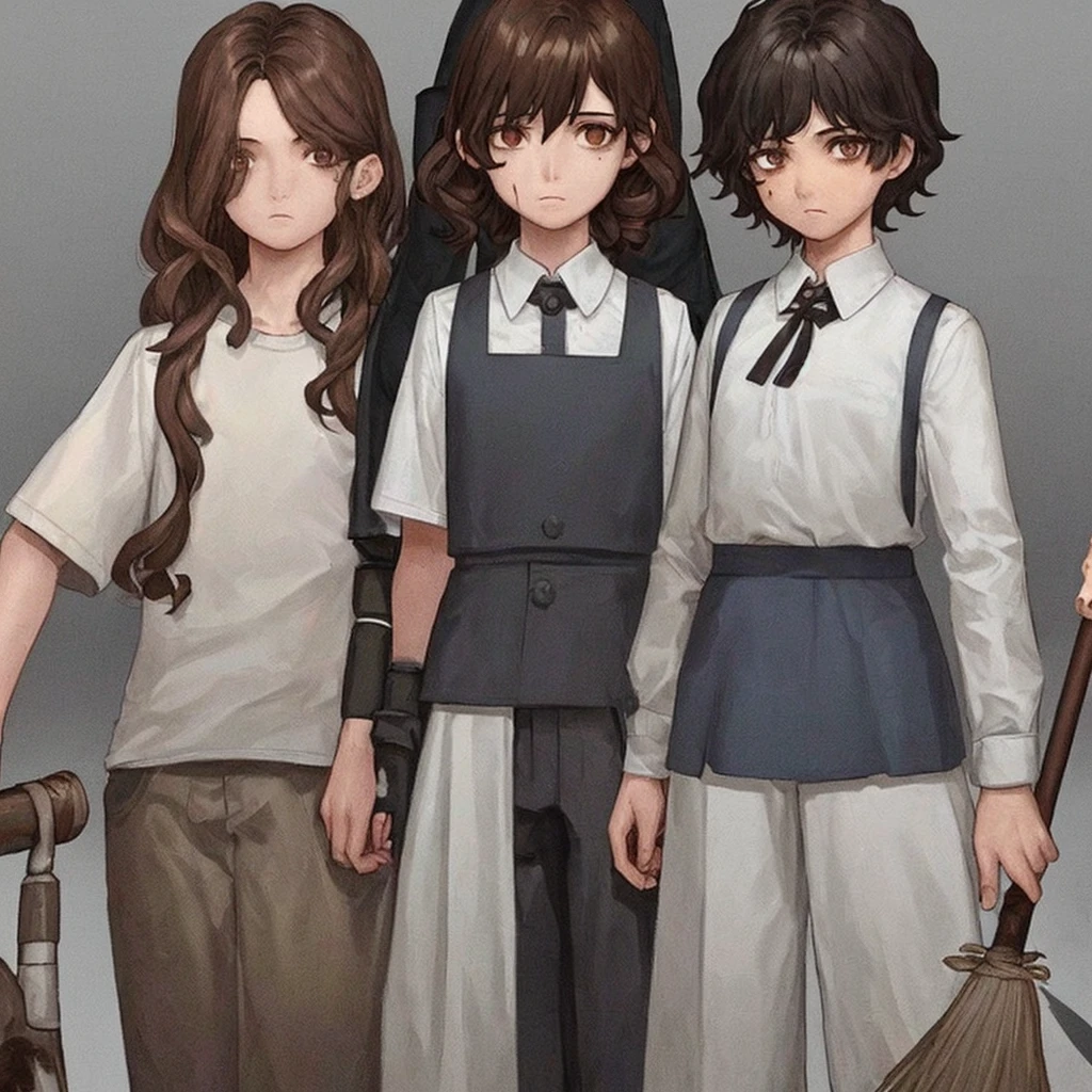 1 girl with curly hair of medium size, brown hair color, honey eye color with 2 moles on the right side of her face and white skin color, wearing a uniform with a white shirt, dark blue pants with a white line on the pants, clothes with blood holding an ax in his hand, 1 with medium straight hair, brown color, dark brown eyes and white skin color, uniform with a white shirt with dark blue pants with a line on the pants with blood on the clothes holding a broom, 1 other girl with short brown hair, brown eyes and white skin color, uniform, white shirt with dark blue pants with a white line and blood, holding a broom, 1 boy with short brown hair and dark brown eyes wearing a white shirt with dark blue pants full of blood holding a baseball bat and his skin color is brown, all of them with a somewhat sad face, all of them with their entire body facing forward, looking at the camera, the scene behind them was a school in front with some zombies, the lighting is a little dark but you can see everything, the four of them together in the same place, They are all agers and in high school 