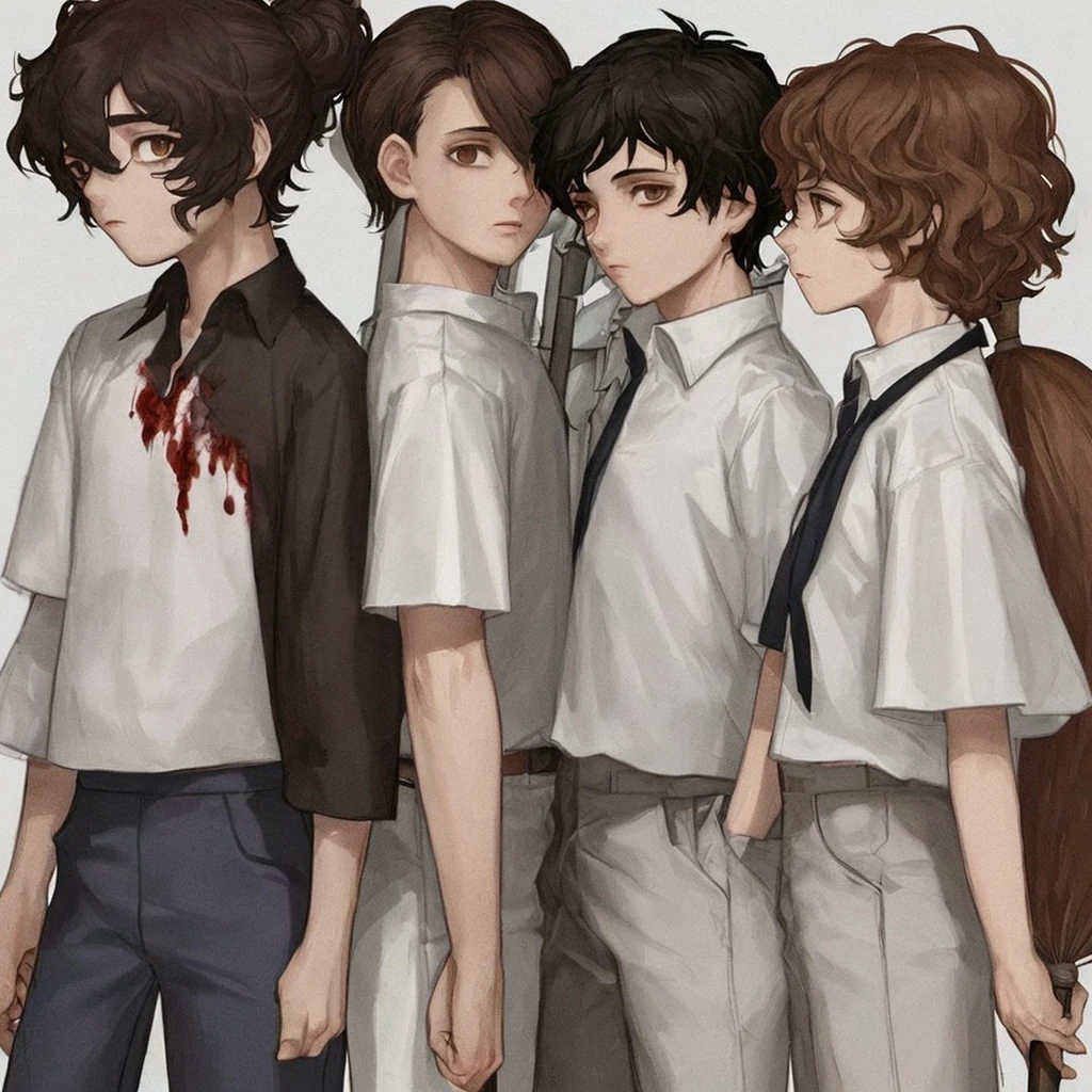 1 girl with curly hair of medium size, brown hair color, honey eye color with 2 moles on the right side of her face and white skin color, wearing a uniform with a white shirt, dark blue pants with a white line on the pants, clothes with blood holding an ax in his hand, 1 with medium straight hair, brown color, dark brown eyes and white skin color, uniform with a white shirt with dark blue pants with a line on the pants with blood on the clothes holding a broom, 1 other girl with short brown hair, brown eyes and white skin color, uniform, white shirt with dark blue pants with a white line and blood, holding a broom, 1 boy with short brown hair and dark brown eyes wearing a white shirt with dark blue pants full of blood holding a baseball bat and his skin color is brown, all of them with a somewhat sad face, all of them with their entire body facing forward, looking at the camera, the scene behind them was a school in front with some zombies, the lighting is a little dark but you can see everything, the four of them together in the same place, They are all teenagers and in high school