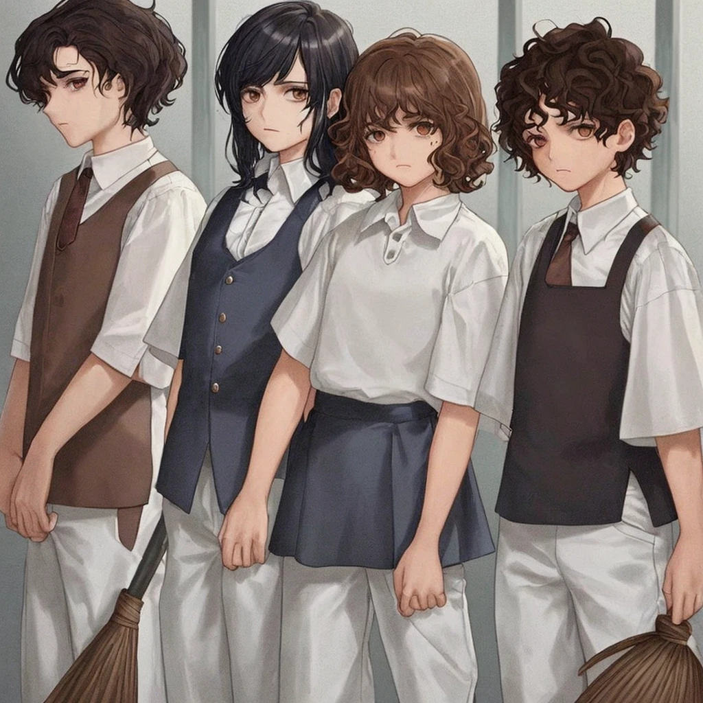 1 girl with curly hair of medium size, brown hair color, honey eye color with 2 moles on the right side of her face and white skin color, wearing a uniform with a white shirt, dark blue pants with a white line on the pants, clothes with blood holding an ax in his hand, 1 with medium straight hair, brown color, dark brown eyes and white skin color, uniform with a white shirt with dark blue pants with a line on the pants with blood on the clothes holding a broom, 1 other girl with short brown hair, brown eyes and white skin color, uniform, white shirt with dark blue pants with a white line and blood, holding a broom, 1 boy with short brown hair and dark brown eyes wearing a white shirt with dark blue pants full of blood holding a baseball bat and his skin color is brown, all of them with a somewhat sad face, all of them with their entire body facing forward, looking at the camera, the scene behind them was a school in front with some zombies, the lighting is a little dark but you can see everything, the four of them together in the same place, They are all teenagers and in high school 