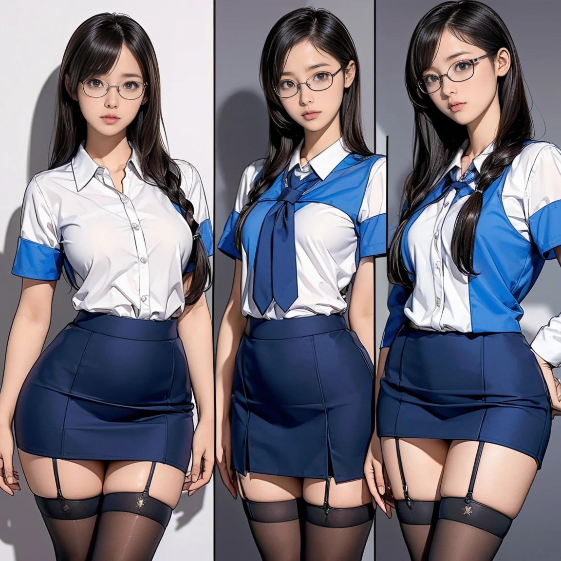 ((masterpiece)),(((highest quality))),((Reference Sheet, Character Design, in front, looking at the viewer , girl with glasses 6yo, ~ ~ in front posing, Mr..々Hairstyle, Mr..々Performance, Facial Expressions)), 6-year-old girl in mini skirt, Cute type, (curvy:1.4), (slim body:1.4), Realistic buttocks, cute girl , thick thighs, Long legs, It's not a big deal, ((High quality fabric, mini skirt, panties, , stockings)), ((school room:1.0))