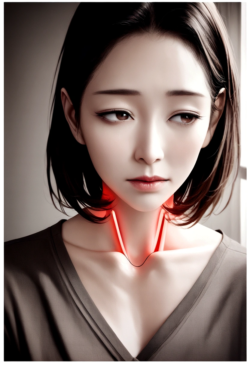 Digital composite of highlighted neck of a woman with neck pain at home. Photo with copy space. Hyper realistic photo --no frame border, vignette