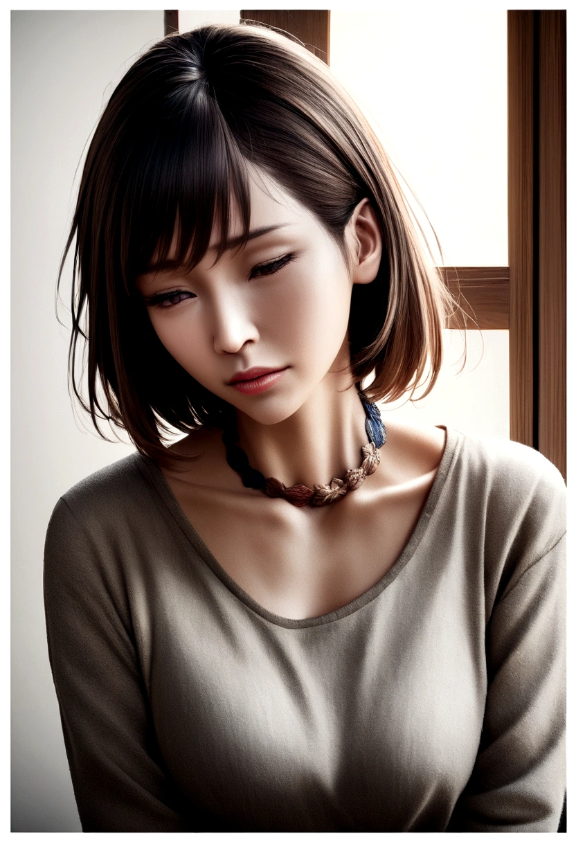 Digital composite of highlighted neck of a woman with neck pain at home. Photo with copy space. Hyper realistic photo --no frame border， vignette 