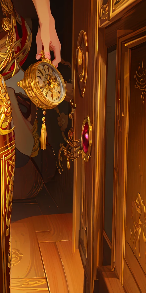 A highly detailed and ornate antique Thai style watch, intricate engraved gold metal case, elegant Thai script and motifs, rich warm tones, glowing amber and ruby gemstones, dramatic chiaroscuro lighting, cinematic composition, masterfully crafted, ultra-detailed, realistic, photorealistic old clock die