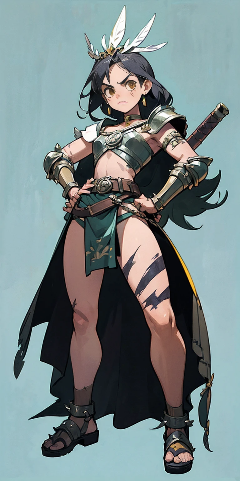 Subject:

1 Solo Female Gladiator
Pose:

Full body, whole body
Standing tall, hands on hips (conveying confidence)
Feet together, conveying a strong stance
View from slightly below, emphasizing her power
Clothing and Armor:

Loincloth (detailed and well-crafted, showcasing her warrior status)
Metal sandals, sturdy and battle-worn
Leather choker, adorned with a gladiator emblem or small spikes (optional)
Big belt, holding additional weapons or pouches (optional)
Bracers on forearms, for protection
Jewelry:

Tiara (can be simple and battle-ready, or adorned with feathers or gladiator symbols)
Additional Details:

Strong, defined muscles
Determined expression on her face
Optional: scars or other battle marks that tell a story of her victories