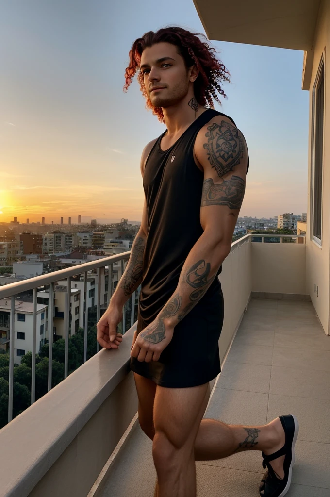 A muscular boy with tattoos and blue eyes, black hair, he is kneeling on a balcony at sunset. He holds a black gold ring in a hand extended forward. The evening light highlights the details of his tattoos and the shine in his eyes. He wears a sleeveless shirt that reveals his muscles and tattoos.

In front of him, a red-haired girl with gray eyes looks at him with a mixture of surprise and excitement. Her long curly hair cascades over her shoulders.. She wears a light dress that moves gently in the evening breeze.. The balcony has a panoramic view of a city or a natural landscape, with the sky tinted with orange and pink tones by the setting sun.