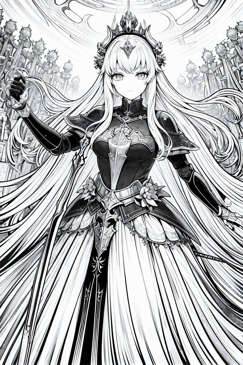(masterpiece), hres, high quality, 4k, unity render, 1girl, solo, lineart, (monochrome:1.2), intrincate detailed,Proud white long hair,Thorny Crown,Holding a knight's spear,Dirty clothing,