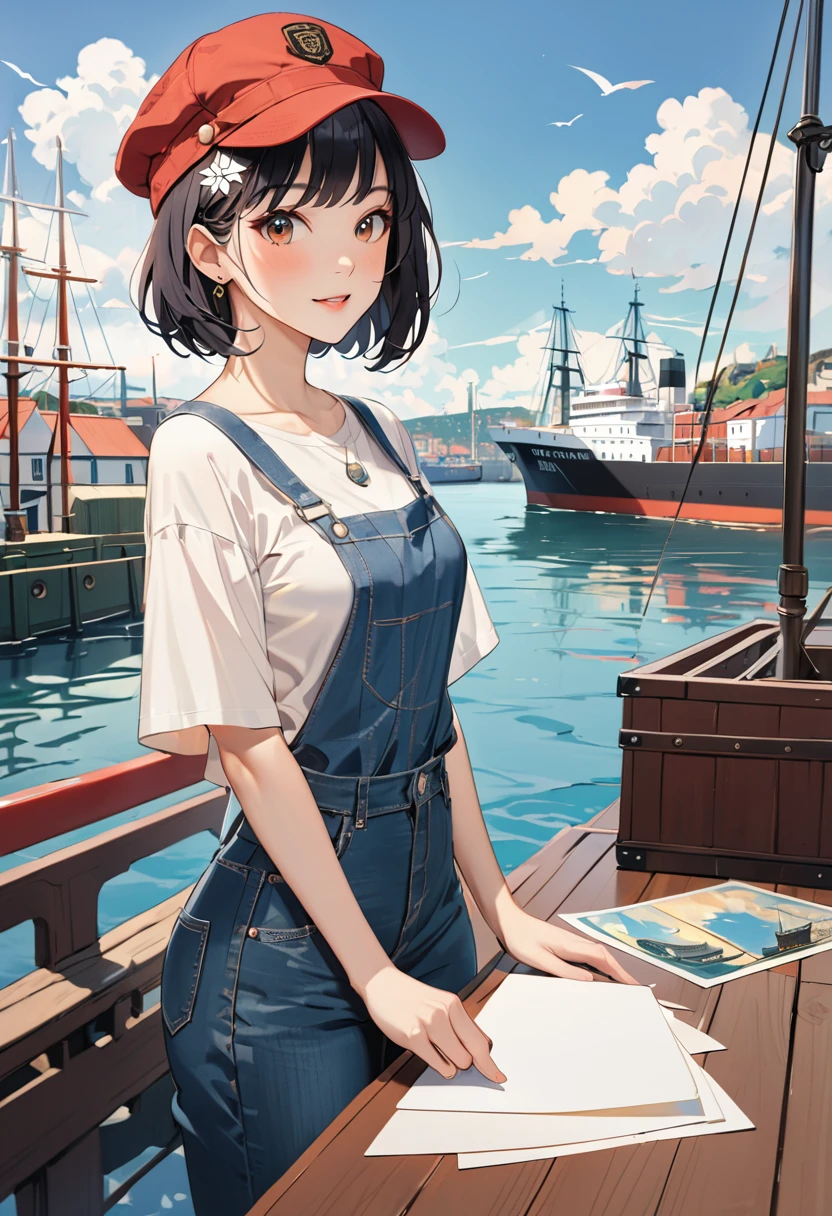 (((paper cutting style))), 1 girl, short black hair, cap, shirts and denim, portfolio, harbor and ship