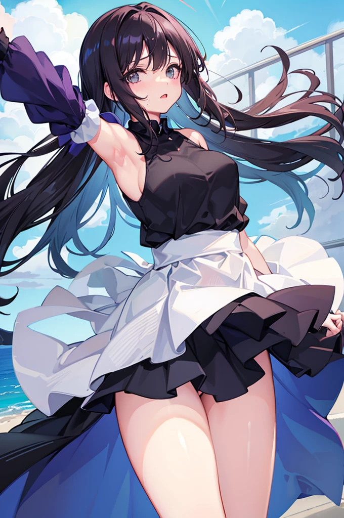 She lowered her waist、She opens her legs and shows off her plump thighs and groin...、Hold up both arms further。
She exposes her sweaty armpits to me.。