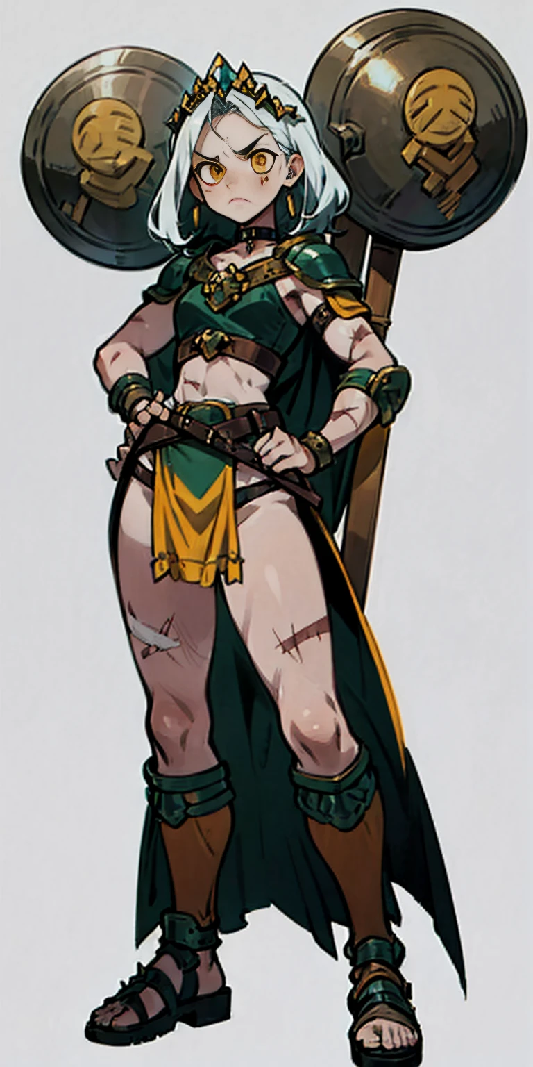 Subject:
1 Solo Female Gladiator
Pose:
Full body, whole body
Standing tall, hands on hips (conveying confidence)
Feet together, conveying a strong stance
View from slightly below, emphasizing her power
Clothing and Armor:
Loincloth (detailed and well-crafted, showcasing her warrior status)
Metal sandals, sturdy and battle-worn
Leather choker, adorned with a gladiator emblem or small spikes (optional)
Big belt, holding additional weapons or pouches (optional)
Bracers on forearms, for protection
Jewelry:
Tiara (can be simple and battle-ready, or adorned with feathers or gladiator symbols)
Additional Details:
Strong, defined muscles
Determined expression on her face
Optional: scars or other battle marks that tell a story of her victories