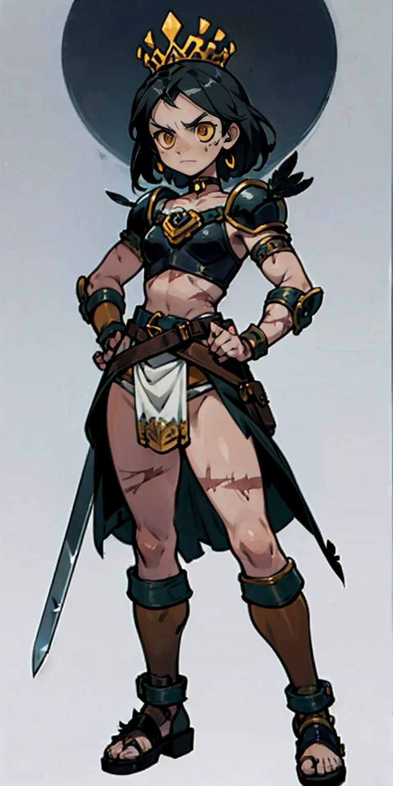 Subject:
1 Solo Female Gladiator
Pose:
Full body, whole body
Standing tall, hands on hips (conveying confidence)
Feet together, conveying a strong stance
View from slightly below, emphasizing her power
Clothing and Armor:
Loincloth (detailed and well-crafted, showcasing her warrior status)
Metal sandals, sturdy and battle-worn
Leather choker, adorned with a gladiator emblem or small spikes (optional)
Big belt, holding additional weapons or pouches (optional)
Bracers on forearms, for protection
Jewelry:
Tiara (can be simple and battle-ready, or adorned with feathers or gladiator symbols)
Additional Details:
Strong, defined muscles
Determined expression on her face
Optional: scars or other battle marks that tell a story of her victories