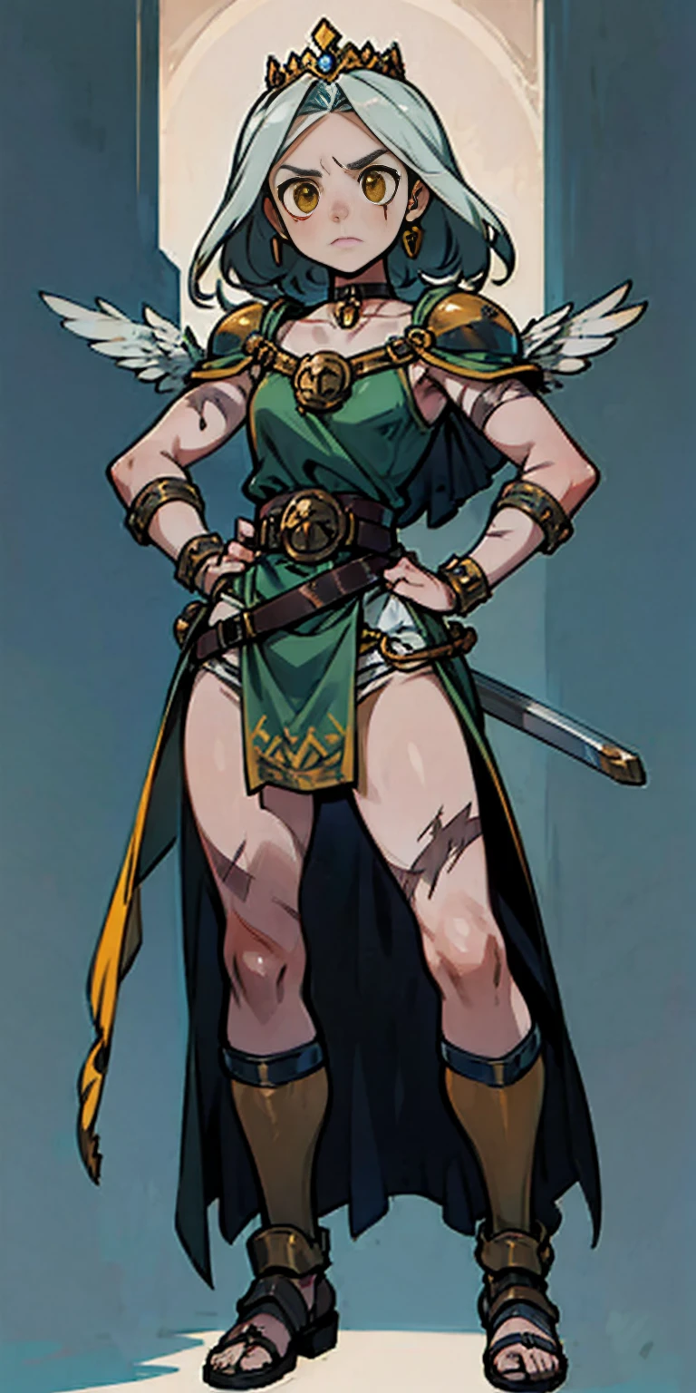Subject:
1 Solo Female Gladiator
Pose:
Full body, whole body
Standing tall, hands on hips (conveying confidence)
Feet together, conveying a strong stance
View from slightly below, emphasizing her power
Clothing and Armor:
Loincloth (detailed and well-crafted, showcasing her warrior status)
Metal sandals, sturdy and battle-worn
Leather choker, adorned with a gladiator emblem or small spikes (optional)
Big belt, holding additional weapons or pouches (optional)
Bracers on forearms, for protection
Jewelry:
Tiara (can be simple and battle-ready, or adorned with feathers or gladiator symbols)
Additional Details:
Strong, defined muscles
Determined expression on her face
Optional: scars or other battle marks that tell a story of her victories