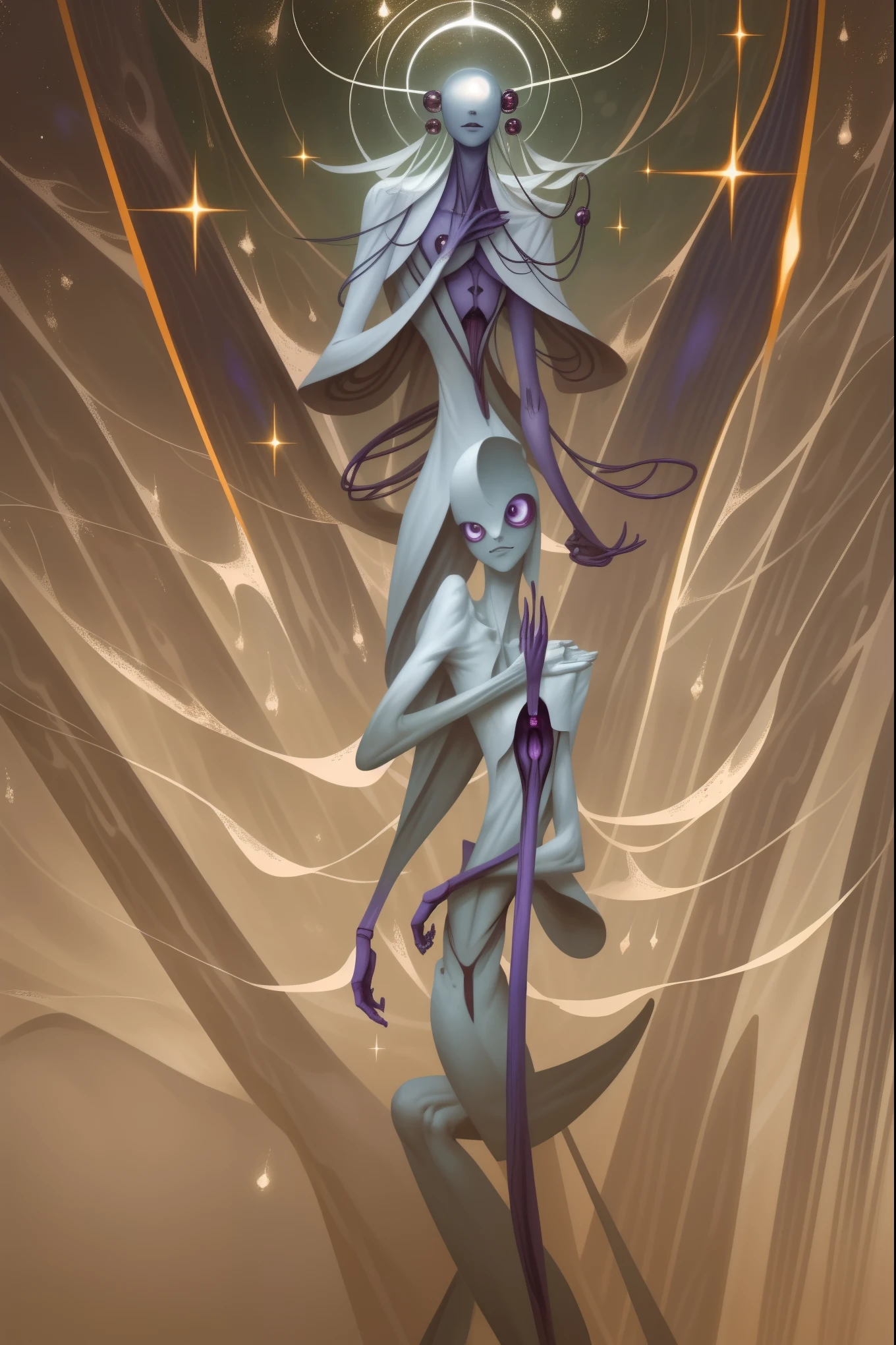 A powerful humanoid figure, a towering faceless entity in a perfect white void, doesn't have a humanoid face, an alien of incredible scale, galactic purple skin, 6 slits across the face pouring with stardust, very long limbs, strange hands with 2 thumbs and 2 fingers on each side, pearly white piercings lining up symmetrical across its abdomen, pearly white and alien jewelry hanging off the sides of its head, bipedal and has two lanky arms, very ethereal form, very prominent (upside-down triangle) mask with 6 slits pouring stardust, large prism shaped head, a long vertical mouth that extends down from the forehead