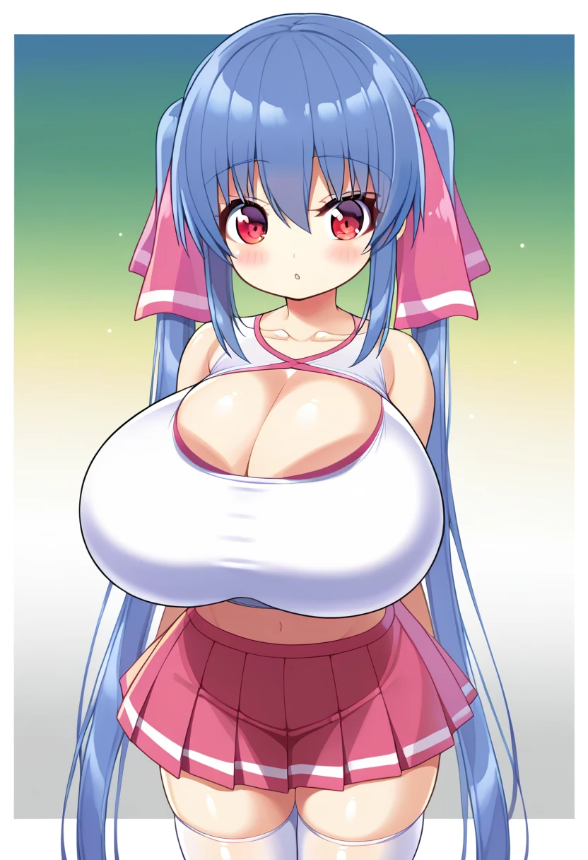 score_9, score_8_up, score_7_up, score_6_up, score_5_up, score_4_up,
(gradient background:1.15), white border,
refraction, caustics, rim lights, backlighting, bloom,
BREAK
source_anime, sky,
BREAK
1girl, bare shoulders, blue hair, huge breasts, cleavage, looking at viewer, miniskirt, red eyes, shortstack, skirt, solo, thighhighs, twintails, blush, bangs, ribbon, hair between eyes, very long hair, hair ribbon, white crop top, pleated skirt, sleeveless, pink ribbon, standing, looking at viewer, pink skirt, crop top, glistening skin, up close