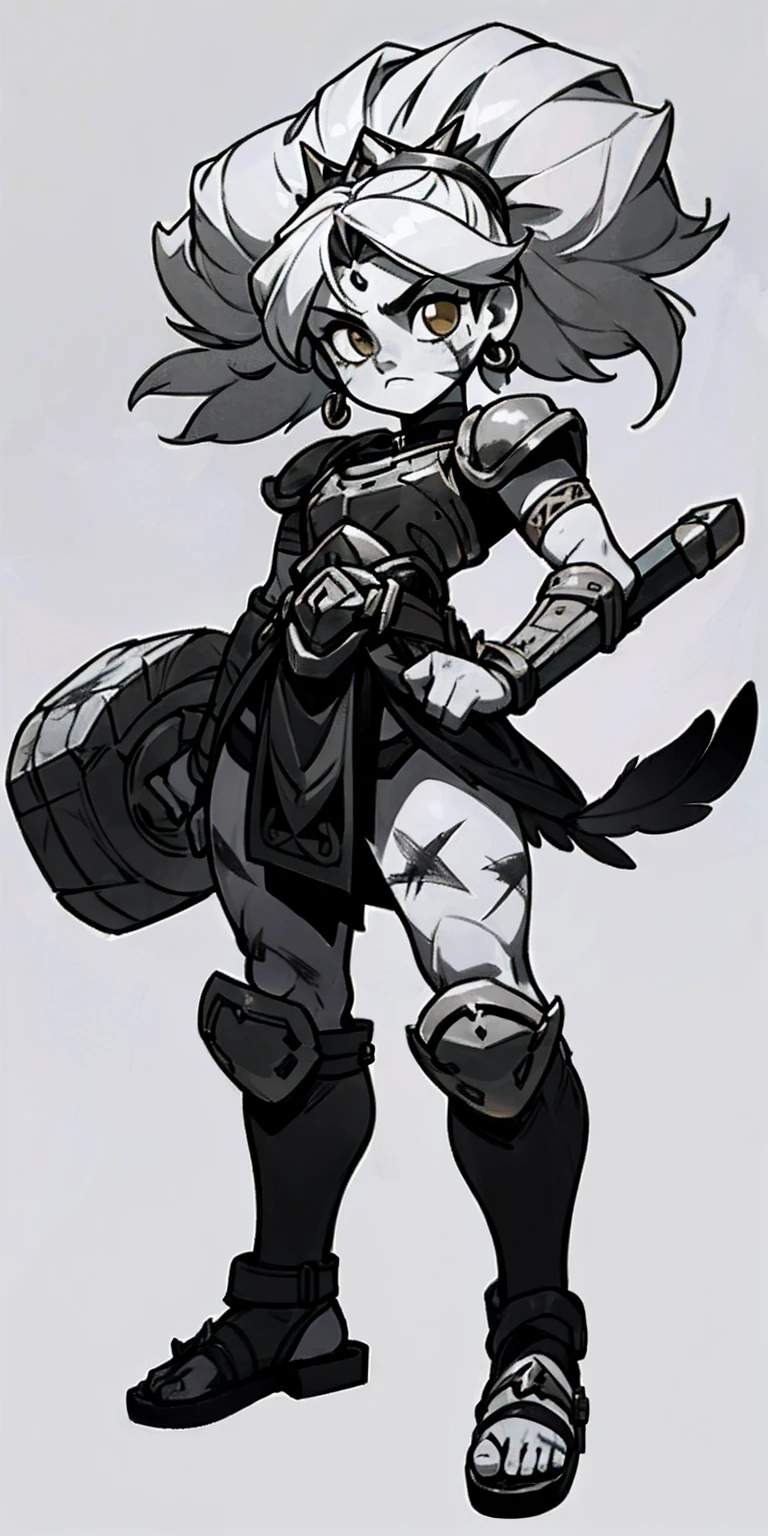 Subject:

1 Solo Female Gladiator
Pose:

Full body, whole body
Standing tall, hands on hips (conveying confidence)
Feet together, conveying a strong stance
View from slightly below, emphasizing her power
Clothing and Armor:

Loincloth (detailed and well-crafted, showcasing her warrior status)
Metal sandals, sturdy and battle-worn
Leather choker, adorned with a gladiator emblem or small spikes (optional)
Big belt, holding additional weapons or pouches (optional)
Bracers on forearms, for protection
Jewelry:

Tiara (can be simple and battle-ready, or adorned with feathers or gladiator symbols)
Additional Details:

Strong, defined muscles
Determined expression on her face
Optional: scars or other battle marks that tell a story of her victories