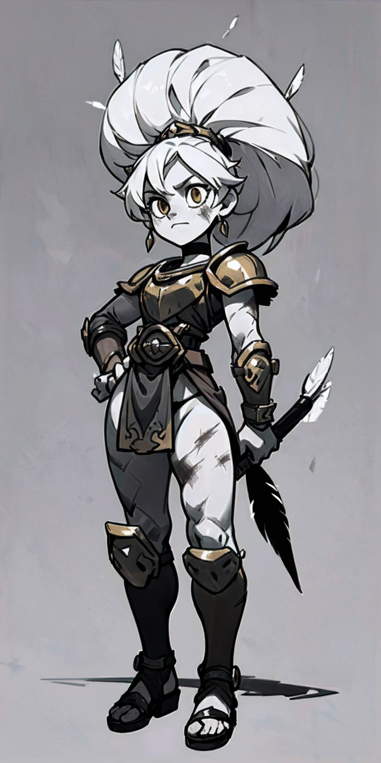 Subject:
1 Solo Female Gladiator
Pose:
Full body, whole body
Standing tall, hands on hips (conveying confidence)
Feet together, conveying a strong stance
View from slightly below, emphasizing her power
Clothing and Armor:
Loincloth (detailed and well-crafted, showcasing her warrior status)
Metal sandals, sturdy and battle-worn
Leather choker, adorned with a gladiator emblem or small spikes (optional)
Big belt, holding additional weapons or pouches (optional)
Bracers on forearms, for protection
Jewelry:
Tiara (can be simple and battle-ready, or adorned with feathers or gladiator symbols)
Additional Details:
Strong, defined muscles
Determined expression on her face
Optional: scars or other battle marks that tell a story of her victories