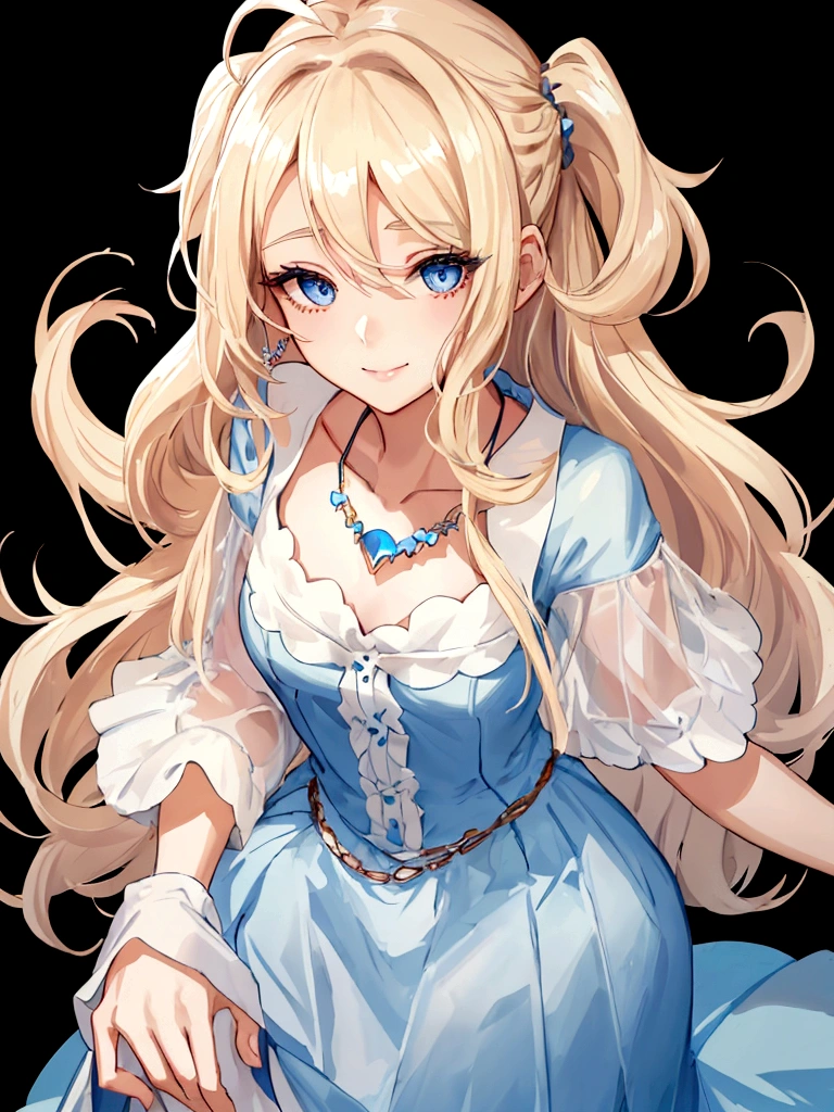 a young woman with long blonde hair and bright blue eyes. She's wearing a blue dress with a white collar and a simple silver necklace. She stands in front of a black background with a neutral expression and a hint of a smile.Her hair is styled straight and falls down her shoulders. She has thin blonde eyebrows and long eyelashes. Her lips are naturally pink. Her dress has a long skirt and short sleeves. Her necklace has a small heart-shaped pendant.