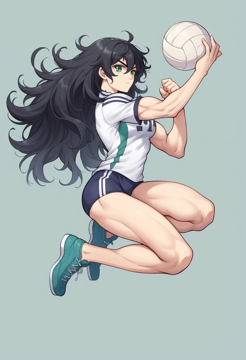 to\(Asisino de demonios\), 1 chico, Muichiro Tokito, muscular, black Hair, is, Alone, long Hair, mint green eyes, long loose hair, multicolored Hair, mirando al ispectador, ojos medio seriouss, istadio voley Back, cozy afternoon, verde menta Hair, serious, voley istadio, disde atrás, Closed mouth, completely, Back, JUMPING, with volleyball uniform, ball in white hand,piel palida transparentis, legs JUMPING, attractive, embarrised, Hair_censor, centered