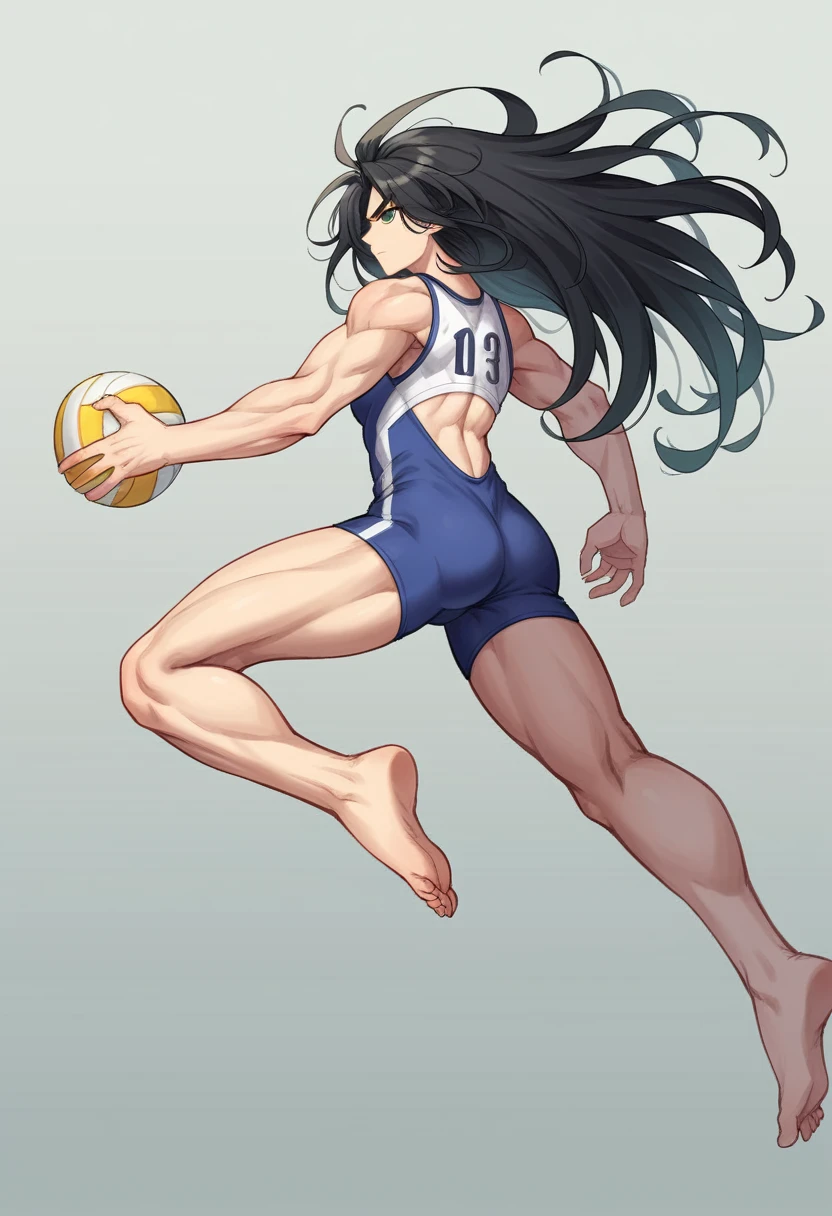 to\(Asisino de demonios\), 1 chico, Muichiro Tokito, muscular, black Hair, is, Alone, long Hair, mint green eyes, long loose hair, multicolored Hair, mirando al ispectador, ojos medio seriouss, istadio voley Back, cozy afternoon, verde menta Hair, serious, voley istadio, disde atrás, Closed mouth, completely, Back, JUMPING, with volleyball uniform, ball in white hand,piel palida transparentis, legs JUMPING, attractive, embarrised, Hair_censor, centered